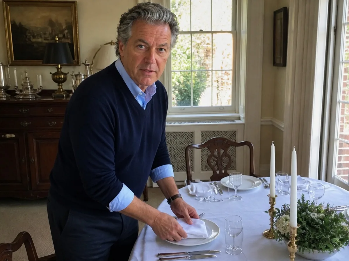 Charles Ashworth setting a dining table with white linen and taper candles